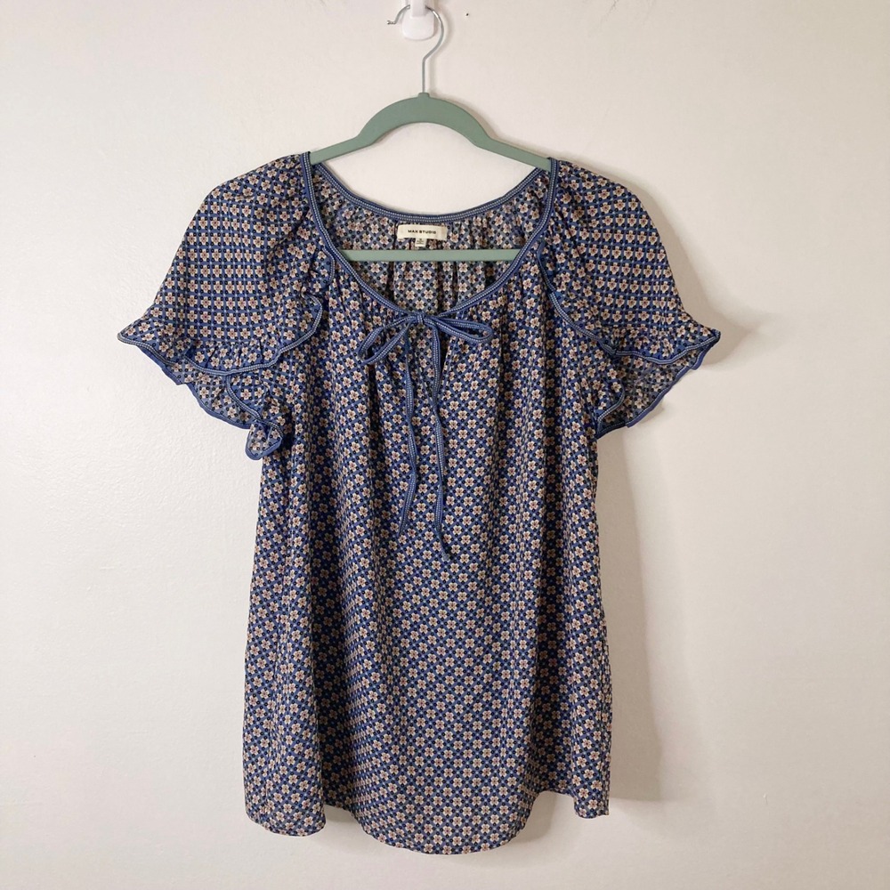 Floral Geometric Tie Neck Flutter Sleeve Max Studio Blue Blouse S Coastal Office